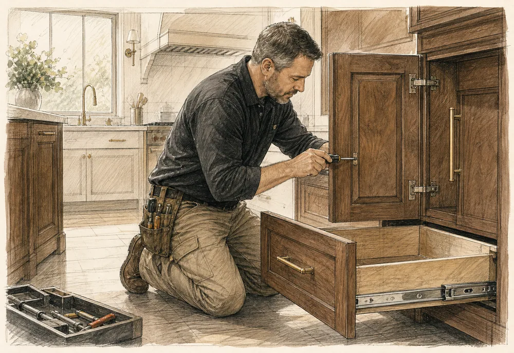 A service technician repairing a custom cabinet hinge