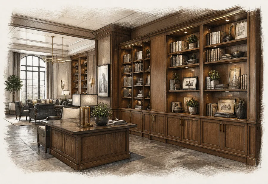 Custom library cabinetry in an elegant hospitality interior