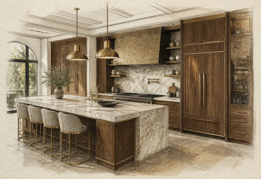 A cabinetmaker measuring custom cabinetry with a homeowner