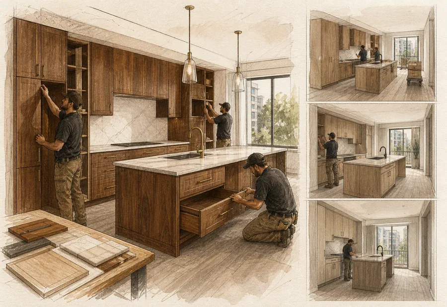 Cabinetmakers installing coordinated kitchens in a residential development