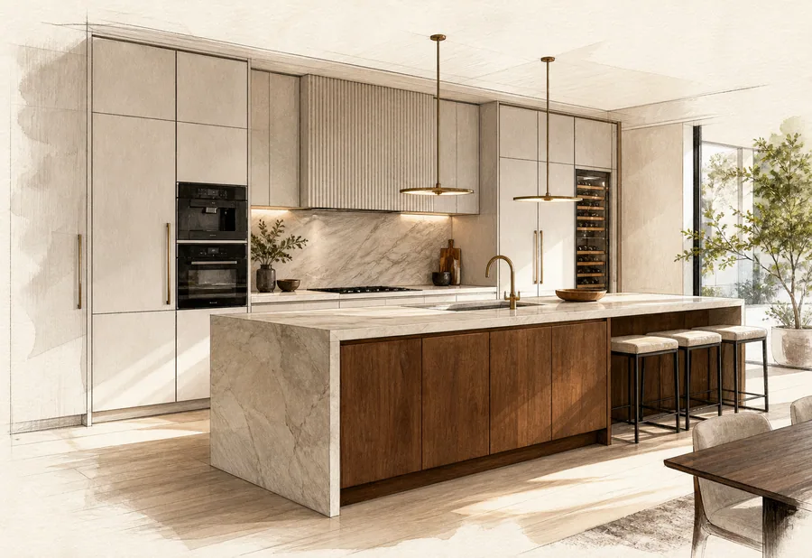 A sleek modern kitchen with integrated cabinetry