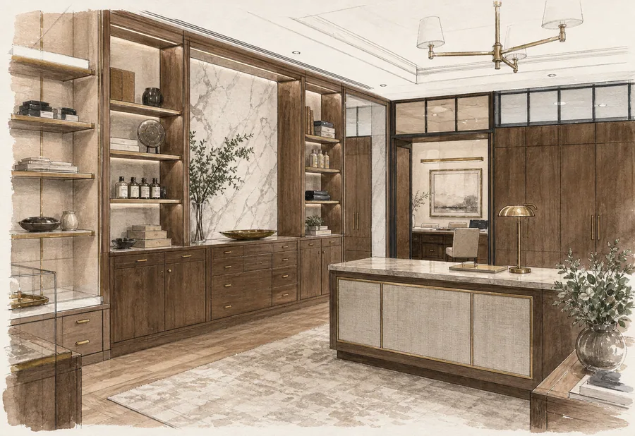 Custom display and storage cabinetry in a professional office
